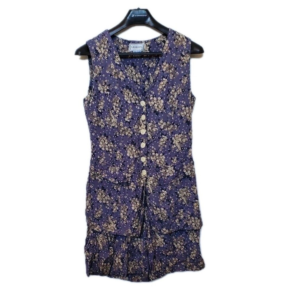 Vintage 90's S Roberts Purple Cream Floral Button Up Tank Romper Size 10 Summer